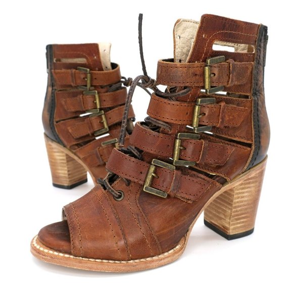 Freebird Sandals Brown Cognac Braeden Leather Peep Toe Buckle Tie Women's 7M - Picture 2 of 7
